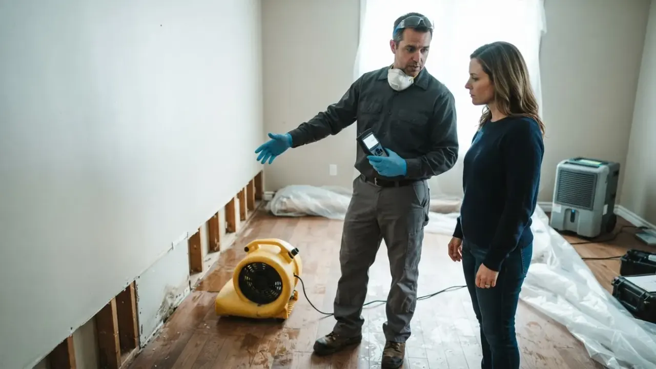 Water Damage Restoration in Jacksonville: restoration technician explaining the drying process to a homeowner in a naturally