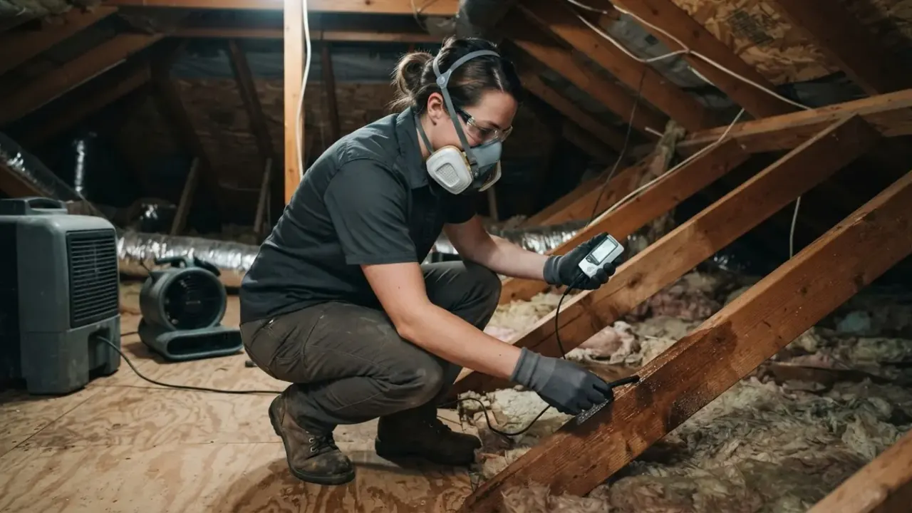 Preventative Moisture Control Consultation in Jacksonville: restoration technician uses a hygrometer to measure the relative