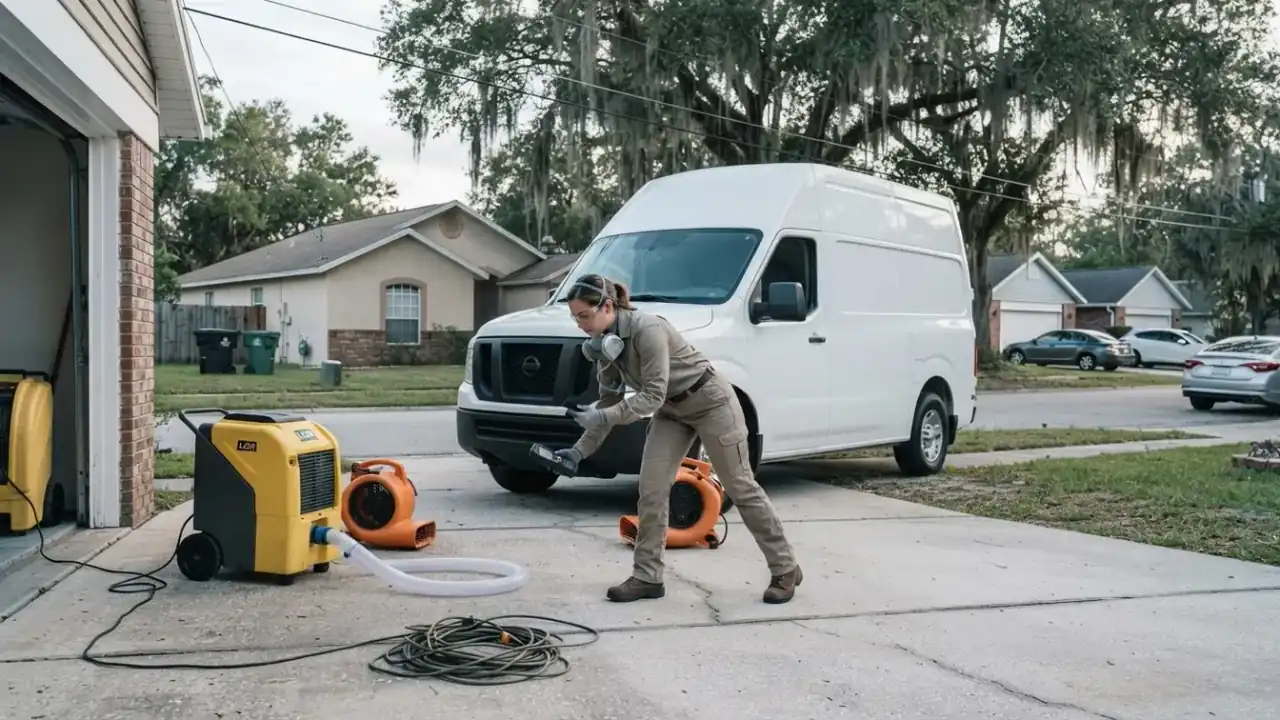 Water Damage Restoration in Jacksonville: professional service vehicle, clean and well-maintained, parked on a residential