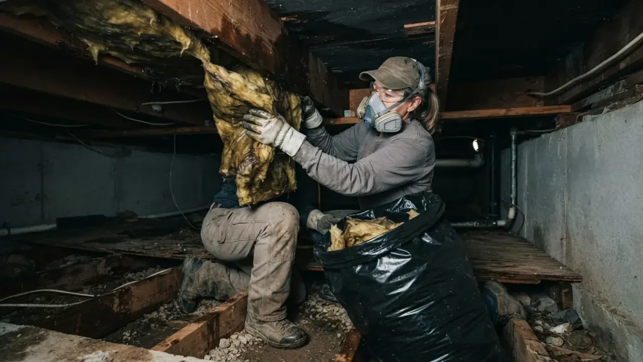 Crawl Space Drying and Restoration in Jacksonville: restoration technician carefully removes wet insulation from between
