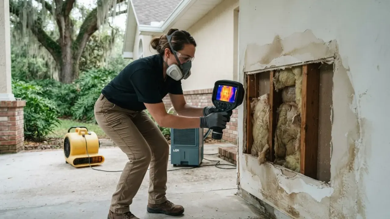 Structural Drying and Dehumidification in Jacksonville: restoration technician uses a thermal imaging camera to check for