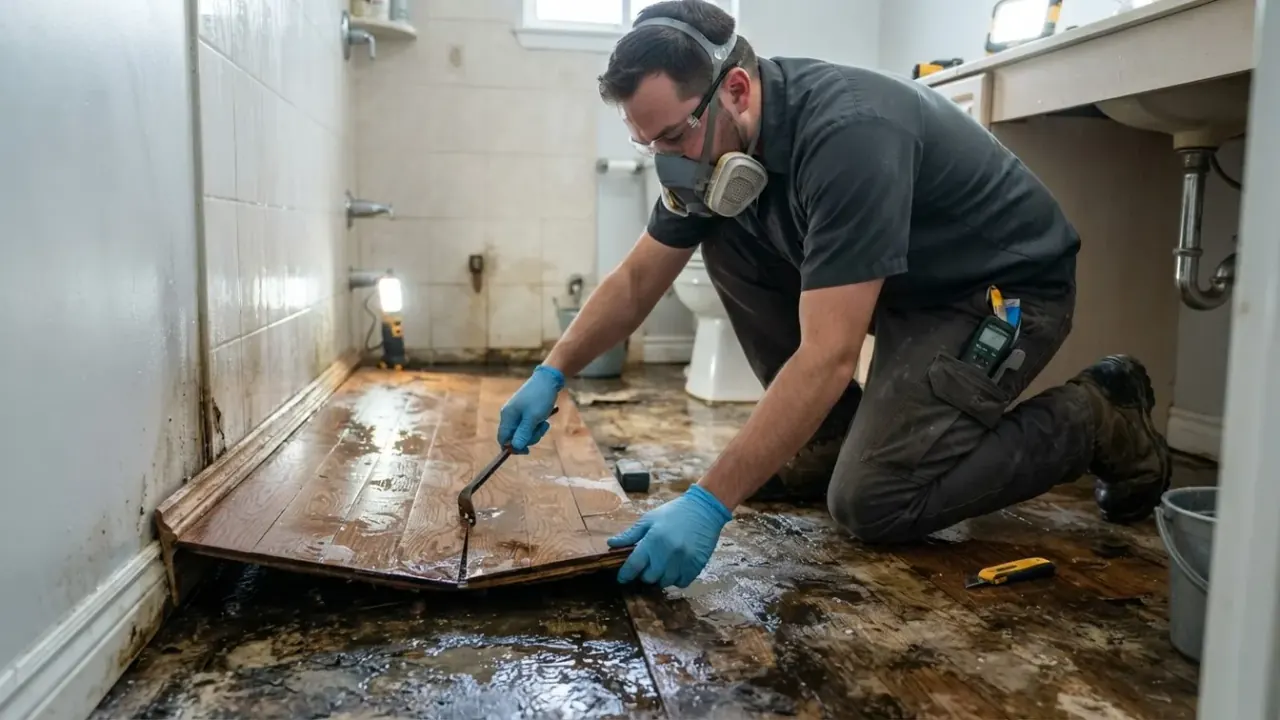 Water Damage Restoration in Jacksonville: restoration technician wearing a respirator carefully peels back a water-damaged
