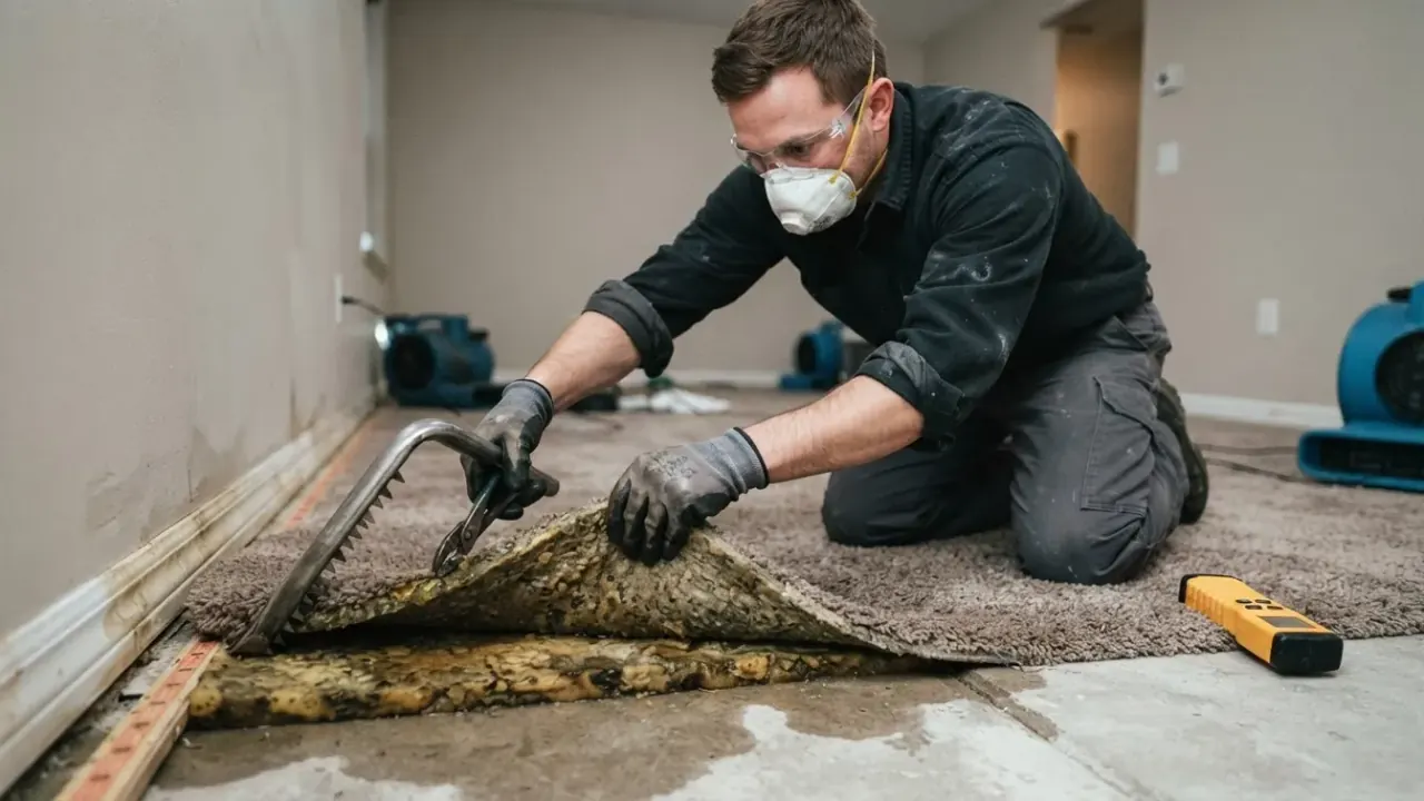 Carpet and Upholstery Water Damage Restoration in Jacksonville: restoration technician lifts a section of wet carpet using a
