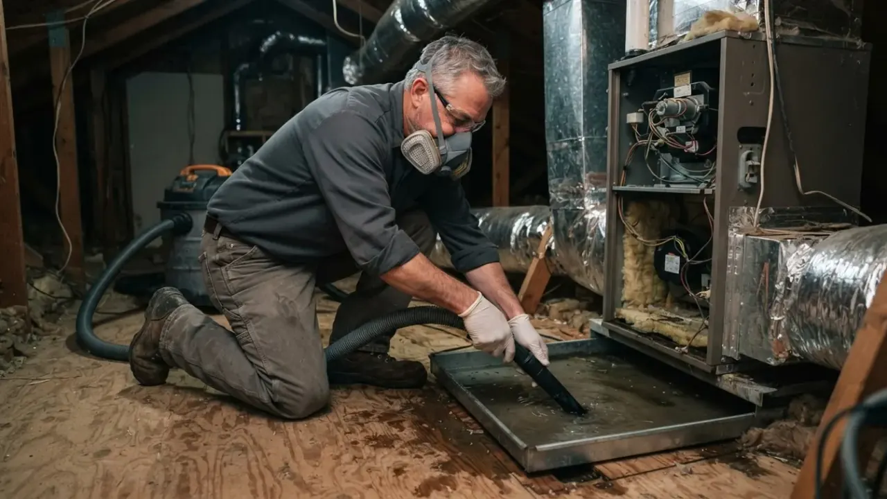 HVAC Water Damage Restoration in Jacksonville: restoration technician uses a specialized vacuum to remove standing water