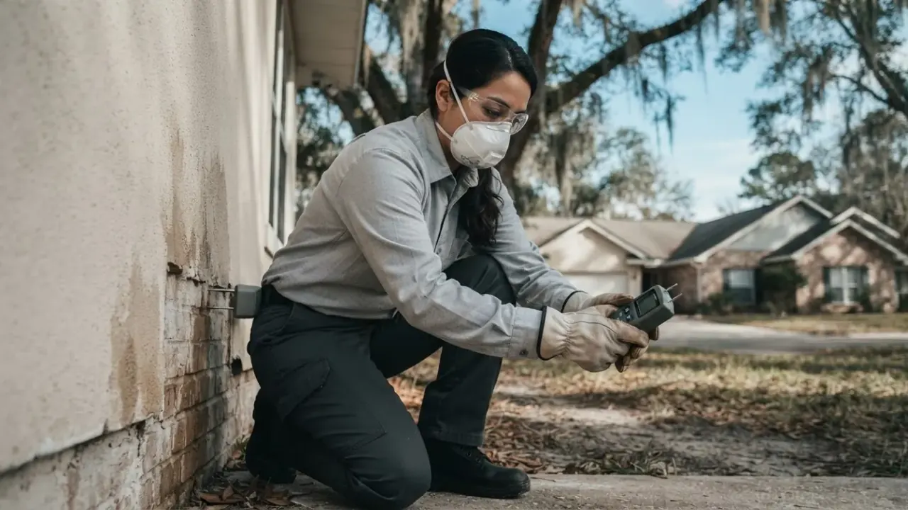 Leak Detection and Repair Coordination in Jacksonville: restoration technician uses a moisture meter, pressing its probes