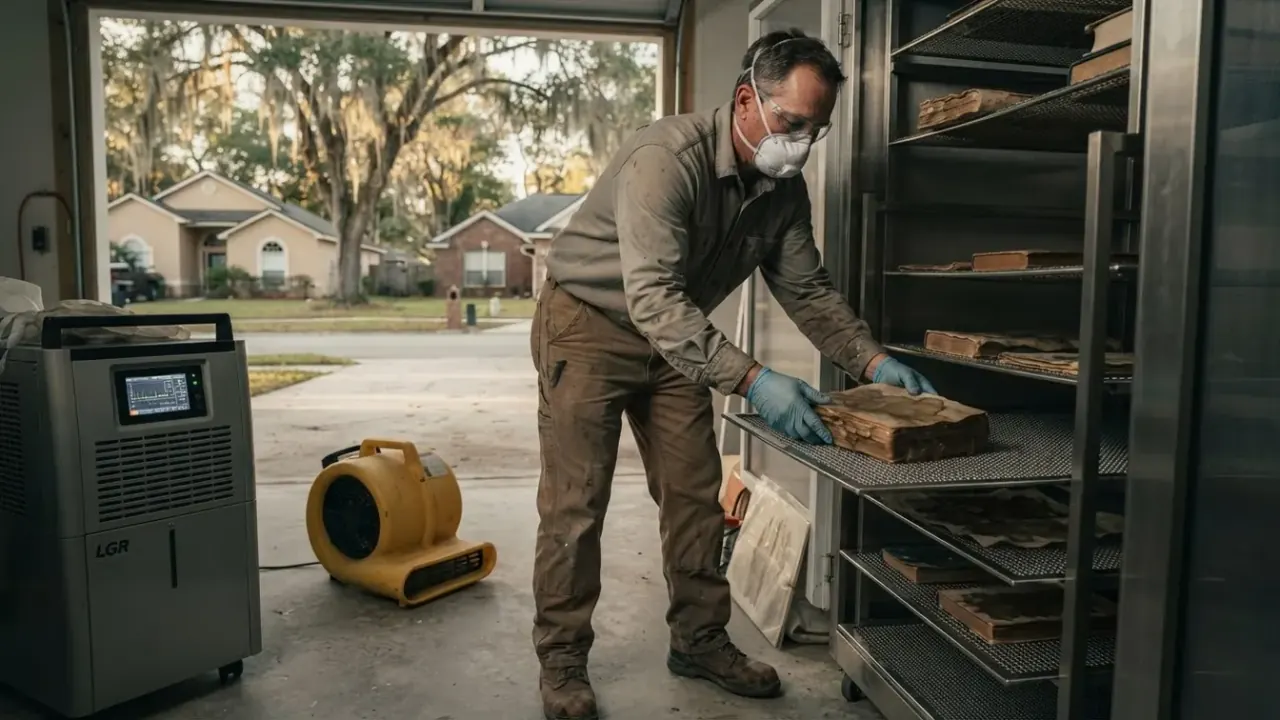 Contents Cleaning and Restoration in Jacksonville: restoration technician places a damp book on a specialized drying rack