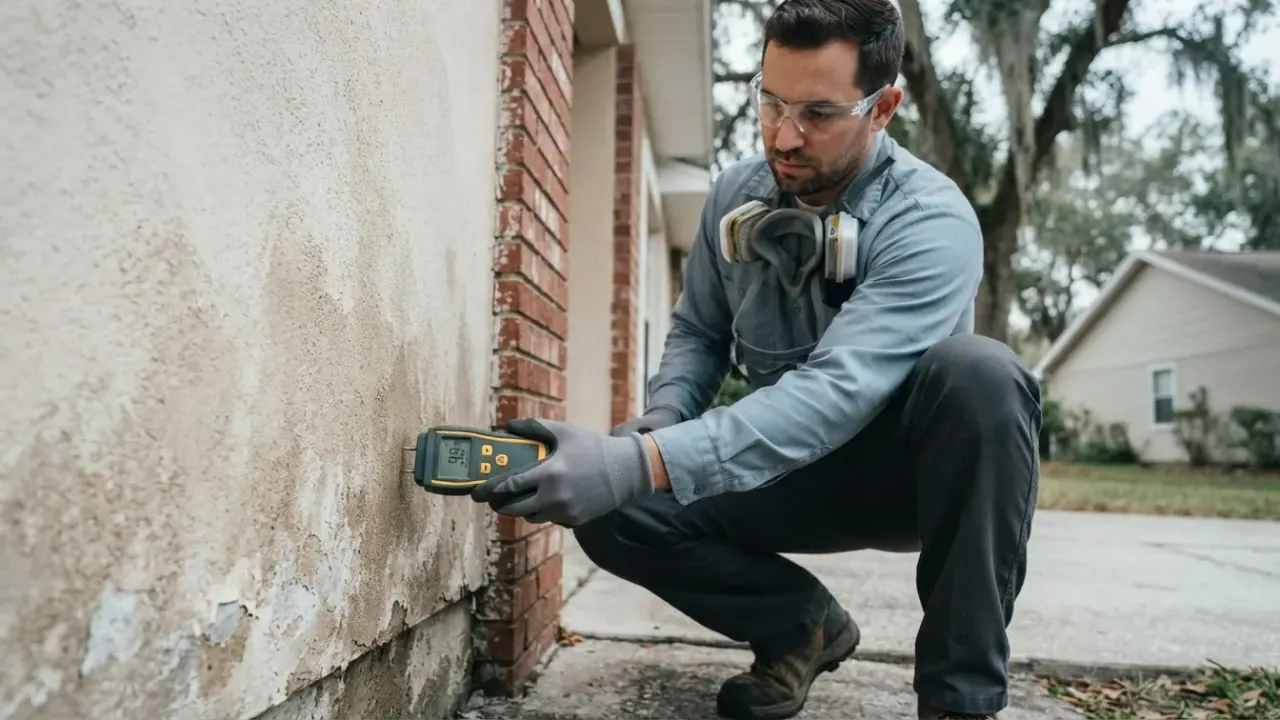 Insurance Claims Assistance for Water Damage in Jacksonville: restoration technician uses a moisture meter to take precise