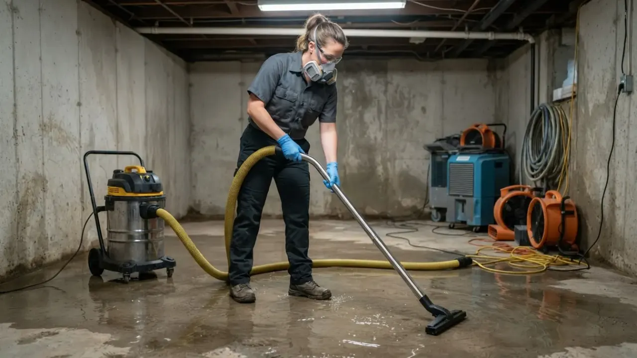 Basement Water Removal and Restoration in Jacksonville: restoration technician operates a large industrial wet/dry vacuum to