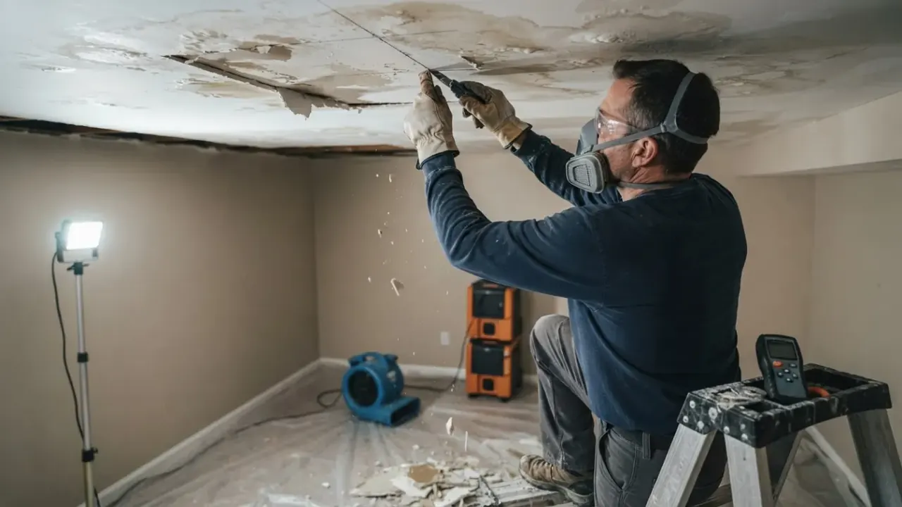 Ceiling and Wall Water Damage Repair in Jacksonville: restoration technician cuts out a damaged section of water-stained