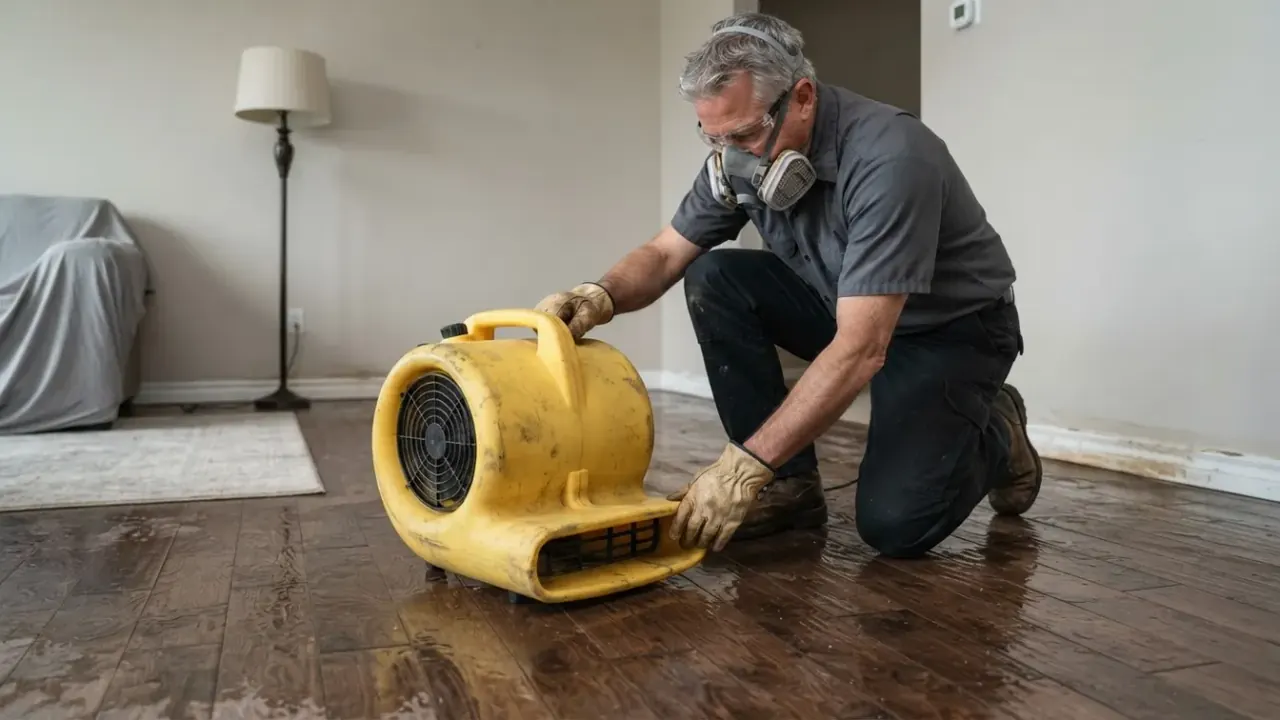 Water Damage Restoration in Jacksonville: Close-up of a powerful industrial air mover blowing air across a wet hardwood