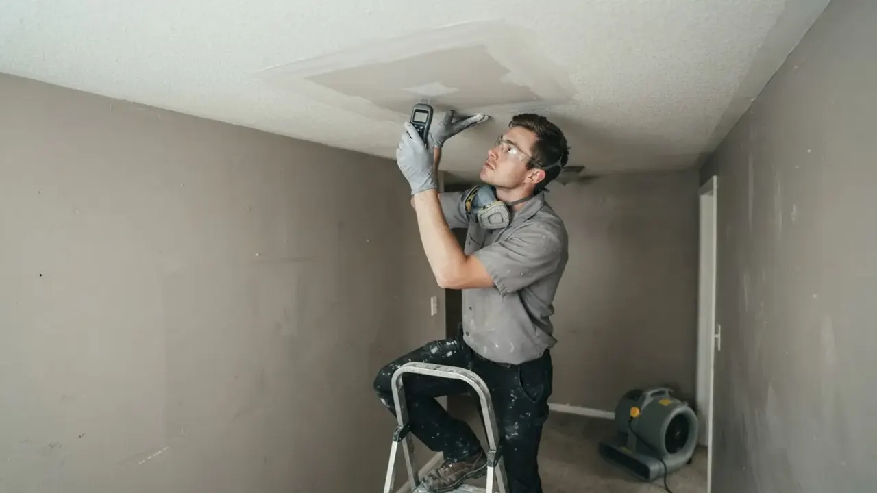 Water Damage Restoration in Jacksonville: detail shot of a perfectly repaired and painted drywall patch on a ceiling