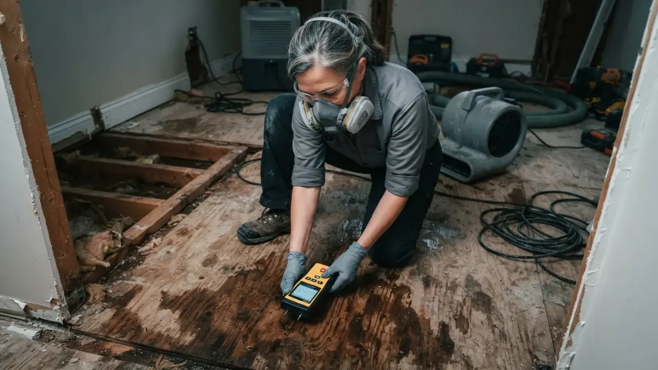 Water Damage Restoration in Jacksonville: restoration technician uses a specialized moisture meter with pins to check the