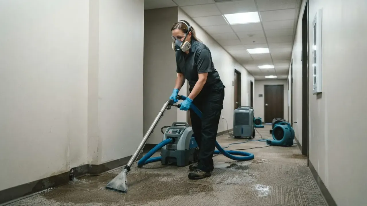 Emergency Water Damage Services in Jacksonville: restoration technician quickly deploys a portable water extractor to a