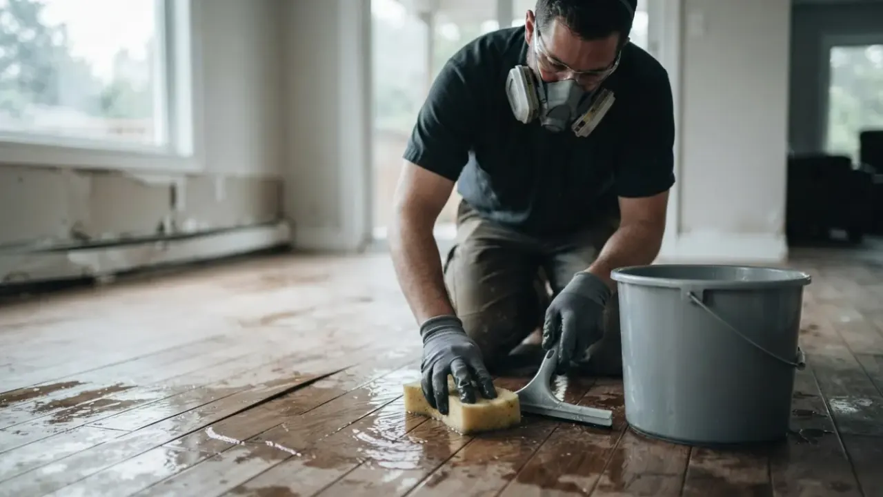 Water Damage Extraction in Jacksonville: restoration technician manually sponges and squeegees residual water from a