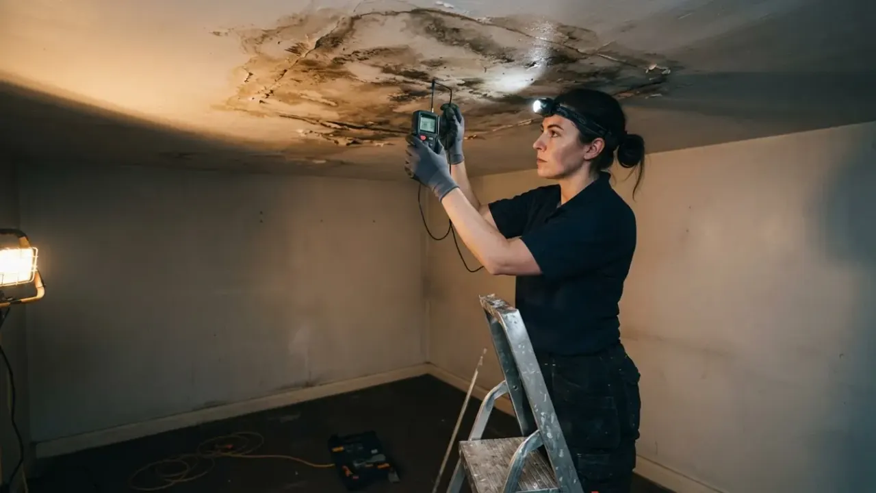 Why do ceiling stains appear after water damage in San Marco: water damaged ceiling